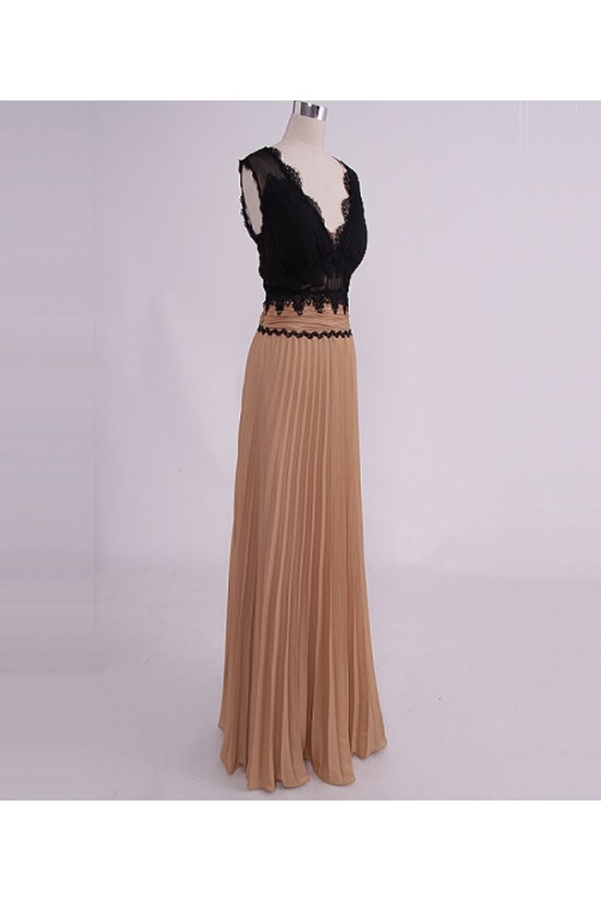 A-Line V-Neck Lace and Chiffon Pleated Long Prom Evening Formal Party Dresses ED010768