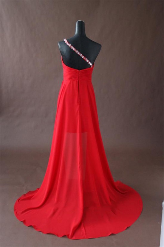 High Low One-Shoulder Beaded Red Chiffon Prom Evening Formal Party Dresses ED010770