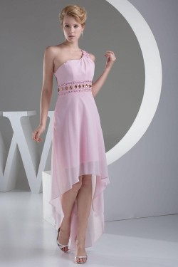 High Low One-Shoulder Beaded Pink Chiffon Prom Evening Dresses ED010788