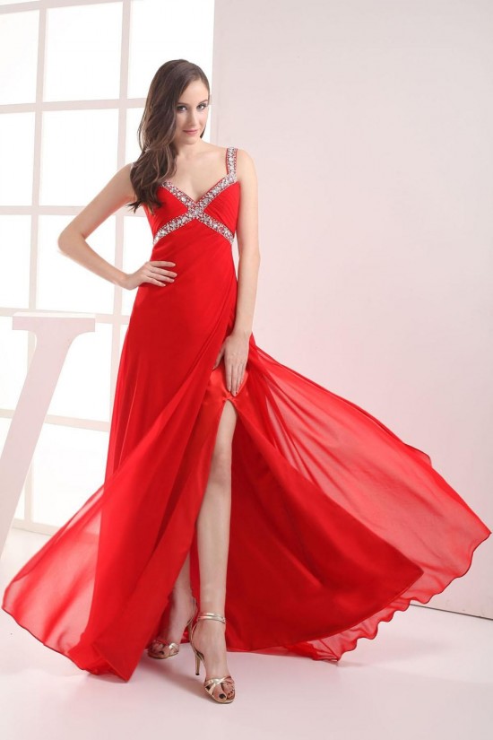 Sheath Beaded Straps Split-Front Long Red Chiffon Prom Evening Dresses ED010798 Sheath Beaded Straps Split-Front Long Red Chiffon Prom Evening Dresses ED010798