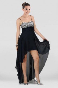 High Low Spaghetti Strap Beaded Black Chiffon Prom Evening Dresses ED010801