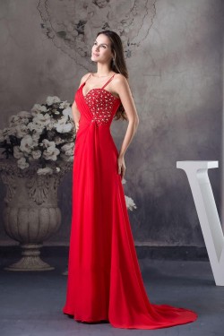 A-Line Spaghetti Strap Long Red Chiffon Beaded Prom Evening Dresses ED010802