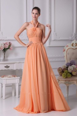 A-Line Halter Beaded Long Chiffon Prom Evening Dresses ED010805