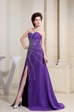 A-Line Sweetheart Beaded Long Purple Chiffon Prom Evening Dresses ED010810