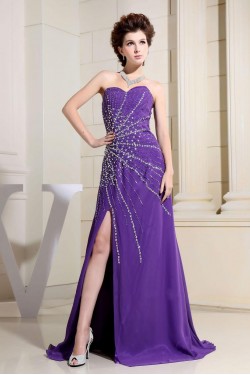 A-Line Sweetheart Beaded Long Purple Chiffon Prom Evening Dresses ED010810
