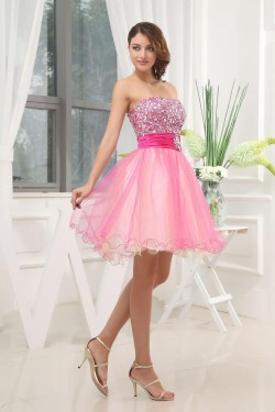 A-Line Strapless Beaded Short Tulle Prom Evening Dresses ED010815