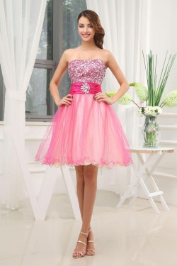 A-Line Strapless Beaded Short Tulle Prom Evening Dresses ED010815