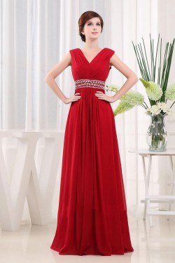A-Line Beaded Long Red Chiffon Prom Evening Dresses ED010817