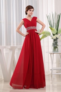 A-Line Beaded Long Red Chiffon Prom Evening Dresses ED010817