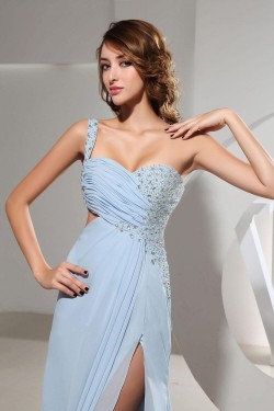 Sheath One-Shoulder Beaded Split-Front Long Chiffon Prom Evening Dresses ED010830