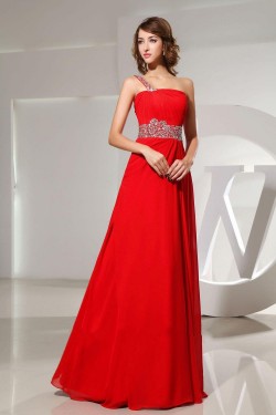 A-Line One-Shoulder Beaded Long Red Chiffon Prom Evening Dresses ED010831