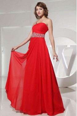 A-Line One-Shoulder Beaded Long Red Chiffon Prom Evening Dresses ED010831