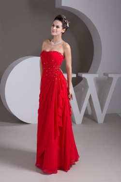 A-Line Strapless Beaded Long Red Chiffon Prom Evening Dresses ED010836
