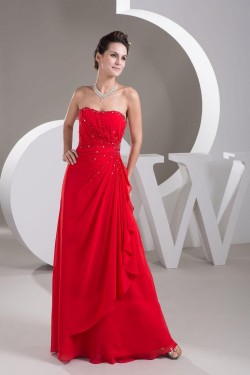 A-Line Strapless Beaded Long Red Chiffon Prom Evening Dresses ED010836