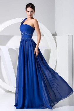A-Line One-Shoulder Beaded Long Blue Chiffon Prom Evening Dresses ED010837