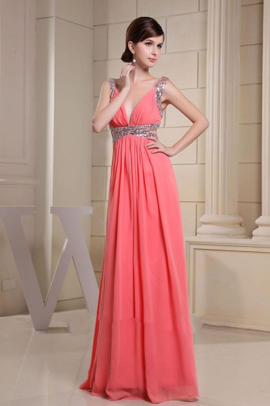 A-Line Beaded Straps Sleeveless Long Chiffon Prom Evening Dresses ED010845