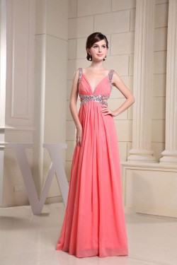 A-Line Beaded Straps Sleeveless Long Chiffon Prom Evening Dresses ED010845