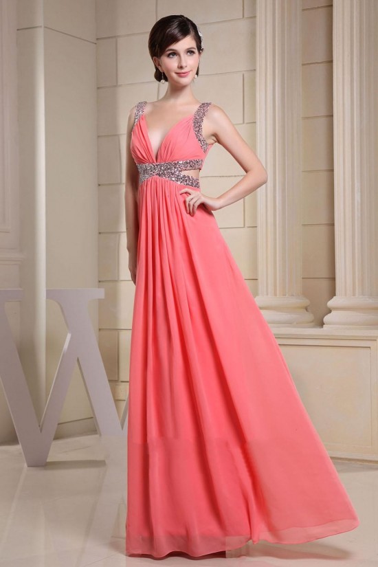 A-Line Beaded Straps Sleeveless Long Chiffon Prom Evening Dresses ED010845