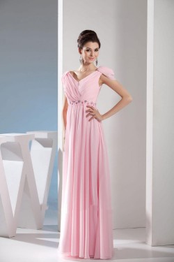 A-Line Cap Sleeve Long Pink Chiffon Prom Evening Dresses ED010850
