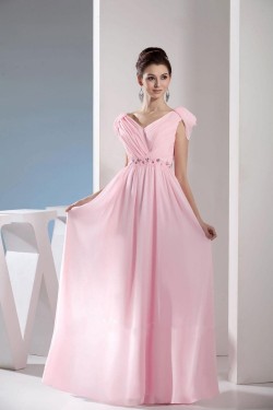 A-Line Cap Sleeve Long Pink Chiffon Prom Evening Dresses ED010850