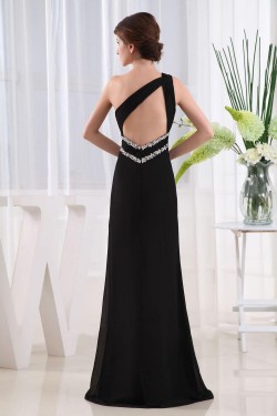 Sheath One-Shoulder Beaded Split-Front Black Long Chiffon Prom Evening Formal Dresses ED010862