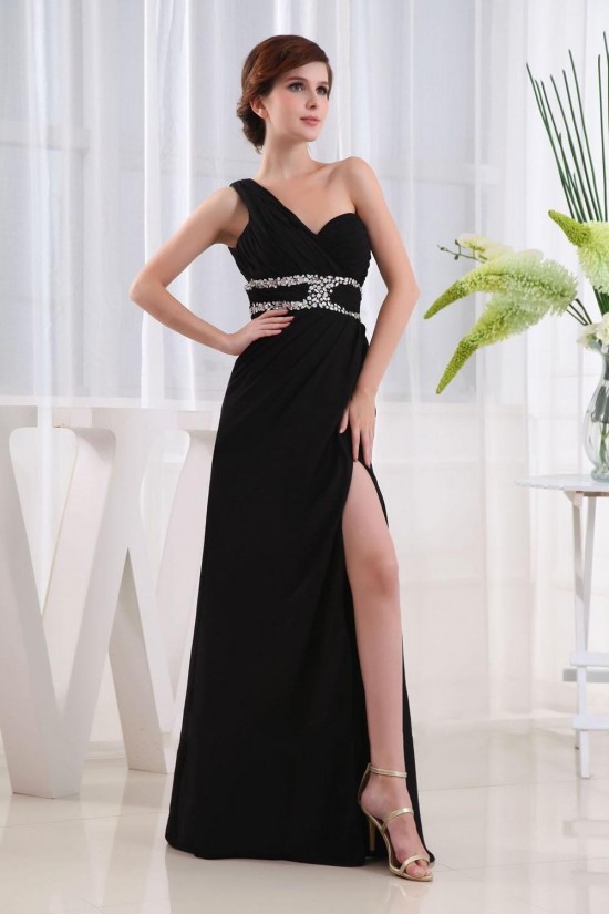 Sheath One-Shoulder Beaded Split-Front Black Long Chiffon Prom Evening Formal Dresses ED010862 Sheath One-Shoulder Beaded Split-Front Black Long Chiffon Prom Evening Formal Dresses ED010862
