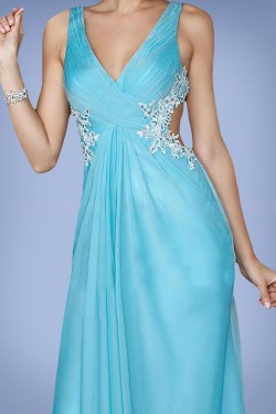 Sheath V-Neck Blue Long Chiffon Prom Evening Formal Dresses ED010864
