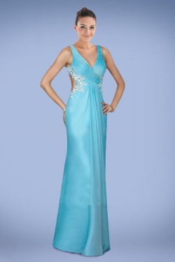 Sheath V-Neck Blue Long Chiffon Prom Evening Formal Dresses ED010864