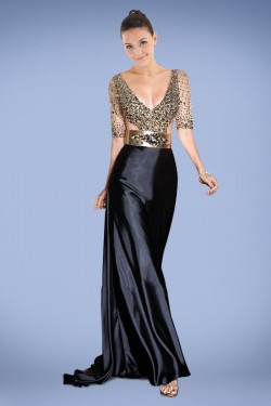 Sheath V-Neck Half Sleeve Beaded Long Prom Evening Formal Dresses ED010866