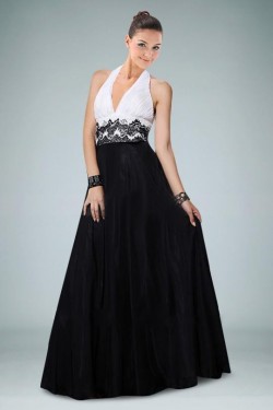 A-Line Halter Black White Long Prom Evening Formal Dresses ED010867