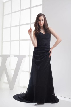 Long Black V-Neck Sweep Train Chiffon Prom Evening Formal Dresses ED010871