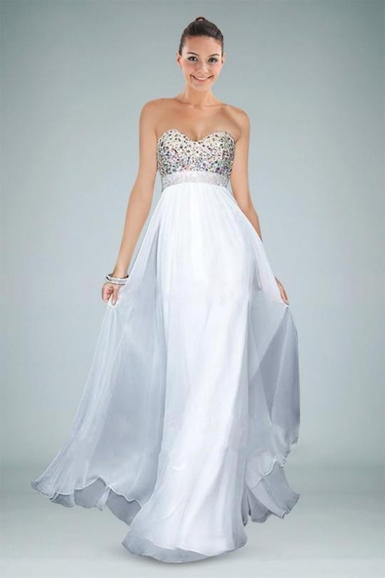 A-Line Sweetheart Beaded White Long Chiffon Prom Evening Formal Dresses ED010891