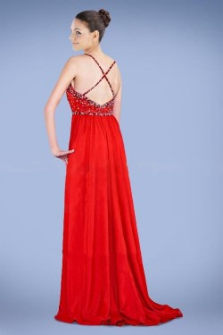 A-Line Spaghetti Strap Beaded Red Long Chiffon Prom Evening Formal Dresses ED010897