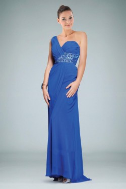 Sheath/Column One-Shoulder Beaded Blue Long Chiffon Prom Evening Formal Dresses ED010902
