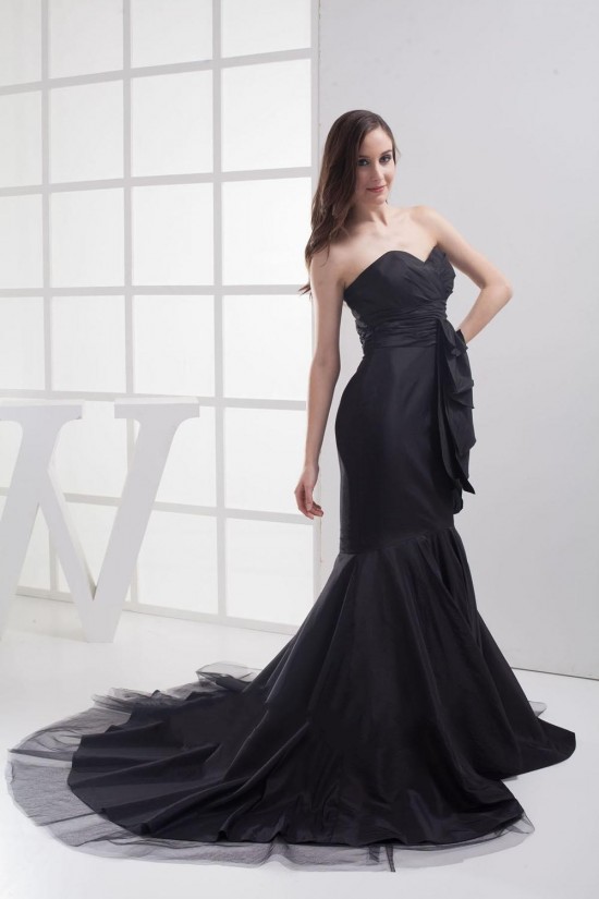 Trumpet/Mermaid Sweetheart Sweep Train Black Long Prom Evening Formal Dresses ED010912