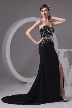 Beaded Sweetheart Split-Front Black Long Chiffon Prom Evening Formal Dresses ED010914