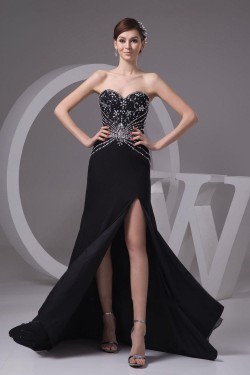 Beaded Sweetheart Split-Front Black Long Chiffon Prom Evening Formal Dresses ED010914
