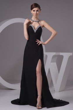 Beaded Sweetheart Split-Front Black Long Chiffon Prom Evening Formal Dresses ED010915