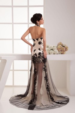 Sheath Halter Black Appliques Long Prom Evening Formal Dresses ED010922