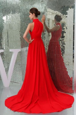 A-Line High-Neck Long Red Chiffon Prom Evening Formal Dresses ED010924