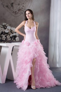 Halter Ruffle Long Pink Prom Evening Formal Dresses ED010933