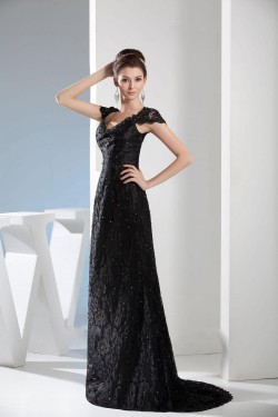 Long Black Cap Sleeve Beaded Lace Prom Evening Formal Dresses ED010935