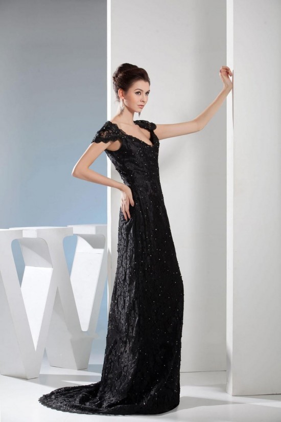 Long Black Cap Sleeve Beaded Lace Prom Evening Formal Dresses ED010935 Long Black Cap Sleeve Beaded Lace Prom Evening Formal Dresses ED010935
