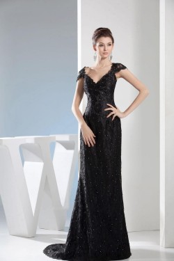 Long Black Cap Sleeve Beaded Lace Prom Evening Formal Dresses ED010935