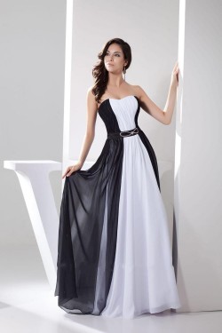 A-Line Strapless Black White Beaded Long Chiffon Prom Evening Formal Dresses ED010940
