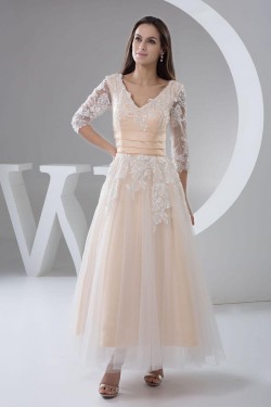 A-Line V-Neck Half Sleeve Applique Tulle Prom Evening Formal Dresses ED010943
