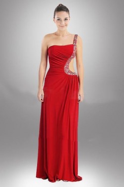 Sheath/Column One-Shoulder Beaded Red Long Chiffon Prom Evening Formal Dresses ED010947