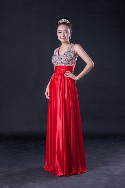 A-Line Beaded Long Red Prom Evening Formal Dresses ED010951