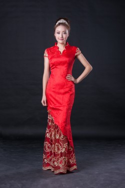 Trumpet/Mermaid Cap Sleeve Long Red Prom Evening Formal Dresses ED010952