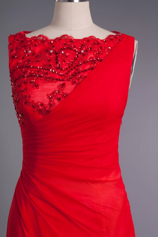 A-Line Bateau Beaded Applique Long Red Prom Evening Formal Dresses ED010961